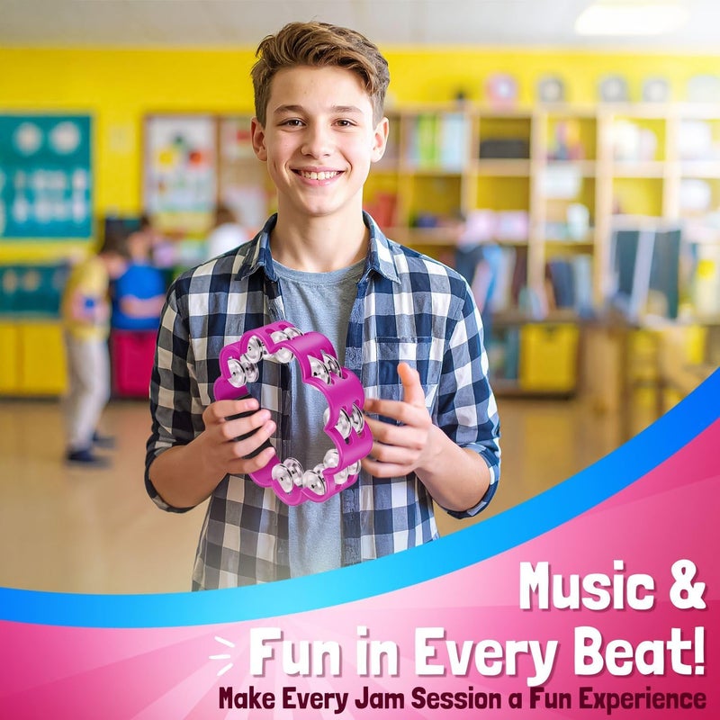 Flexzion Flower Tambourine - 8 Inch Handheld Percussion Instrument w/Metal Jingles & Ergonomic Grip - Small Tambourines for Adults, Kids, Church, Parties, & Musical Events (2 Pack - Blue & Pink) - Image 3